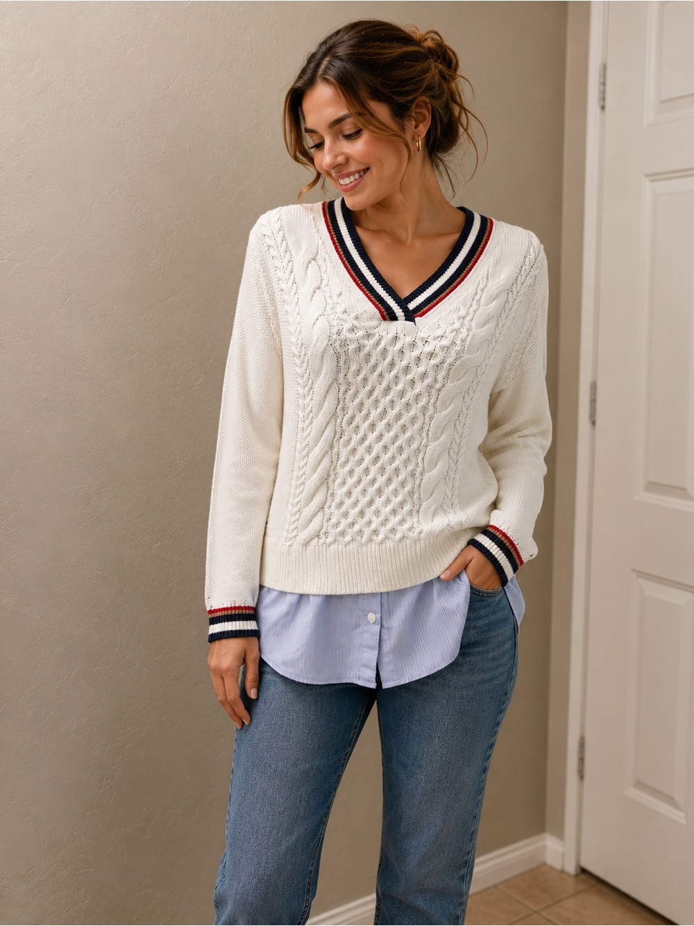 Tommy Hilfiger Cream Cable V-Neck Sweater with Red & Navy Trim
